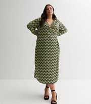 New Look Curves Green Geometric Heart Print Satin Collar Midi Wrap Dress